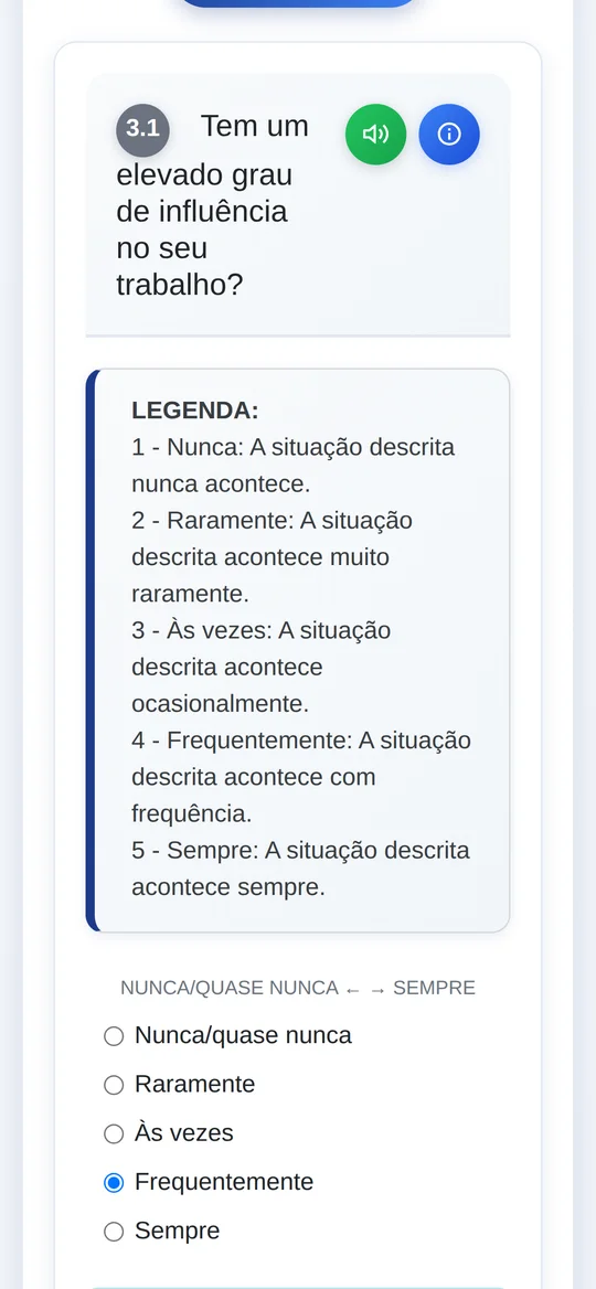 Questionário COPSOQ no celular do colaborador, com o botão para ouvir a pergunta (dados de demonstração)