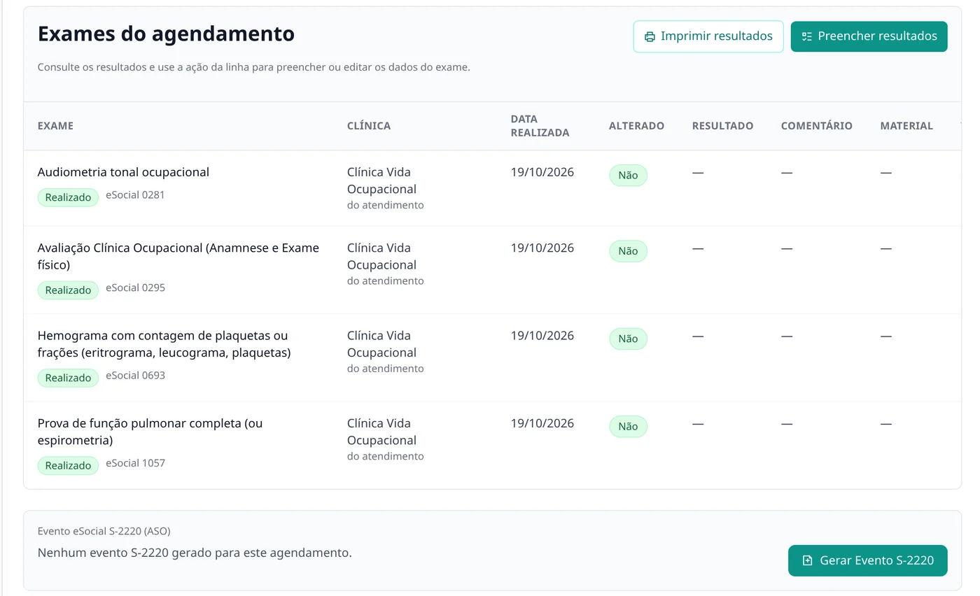 Agendamento realizado no MedNext, com os exames do GHE e o botão para gerar o S-2220 (dados de demonstração)