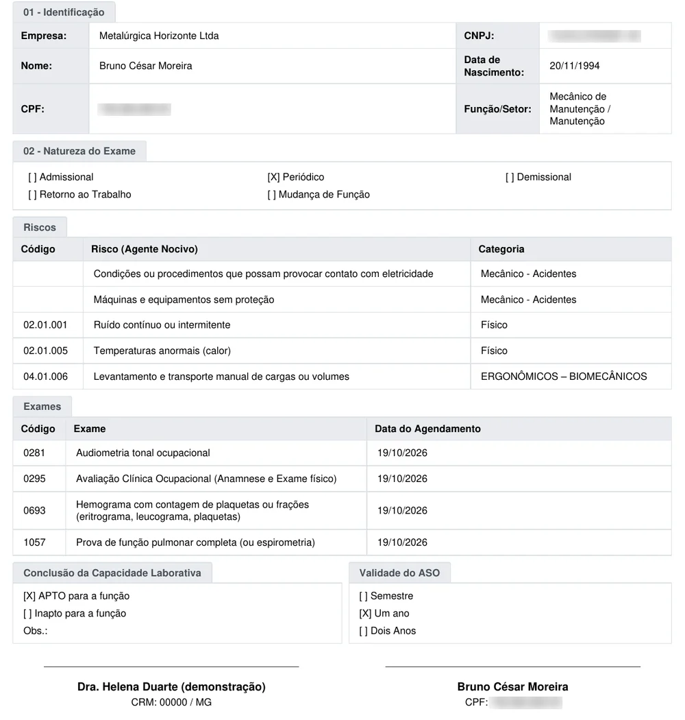 ASO periódico gerado pelo MedNext, com riscos, exames e conclusão de apto (dados de demonstração)