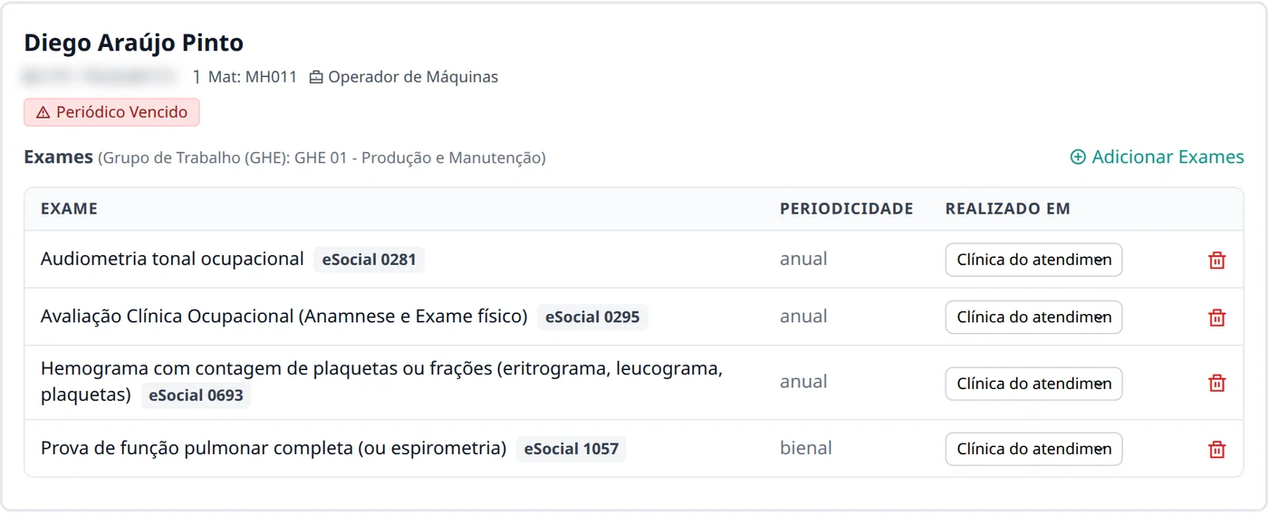 Agendamento de um colaborador com periódico vencido e os exames do GHE preenchidos (dados de demonstração)