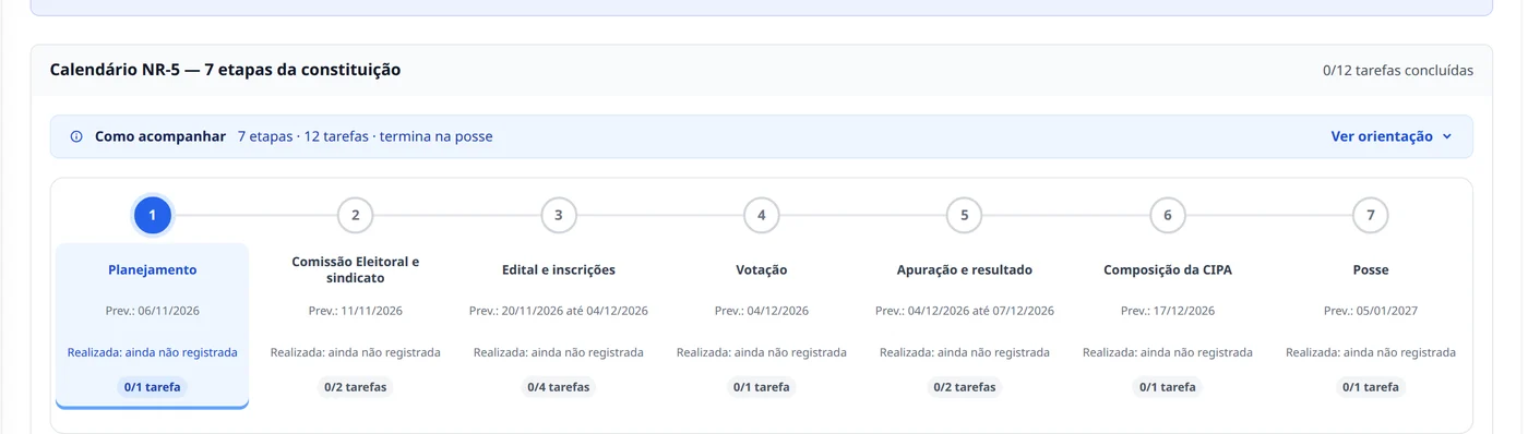 Calendário NR-5 com as 7 etapas da constituição e as datas previstas (dados de demonstração)