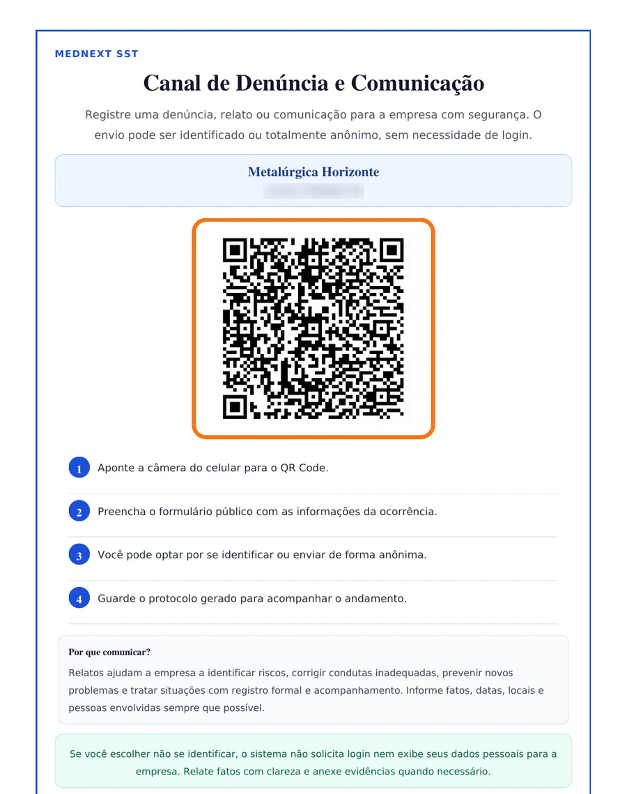 Cartaz do canal de denúncia com QR Code e o passo a passo para relatar (dados de demonstração)