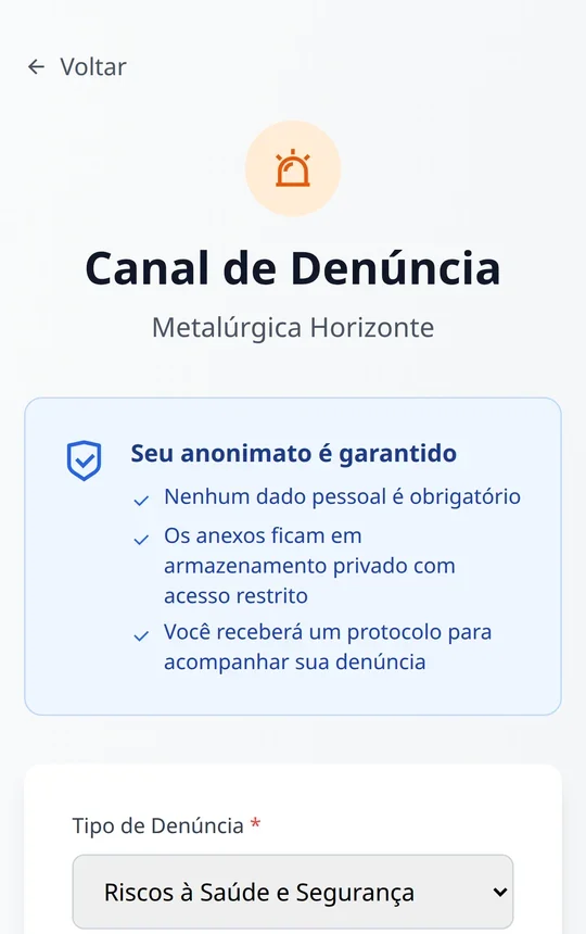 Formulário de denúncia no celular, com a opção anônima marcada (dados de demonstração)