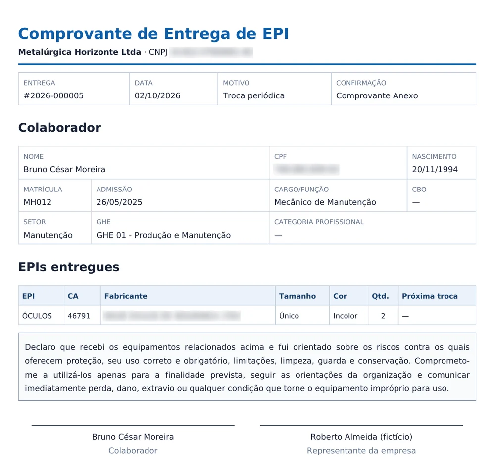 Comprovante de entrega de EPI com o termo de responsabilidade e as assinaturas (dados de demonstração)