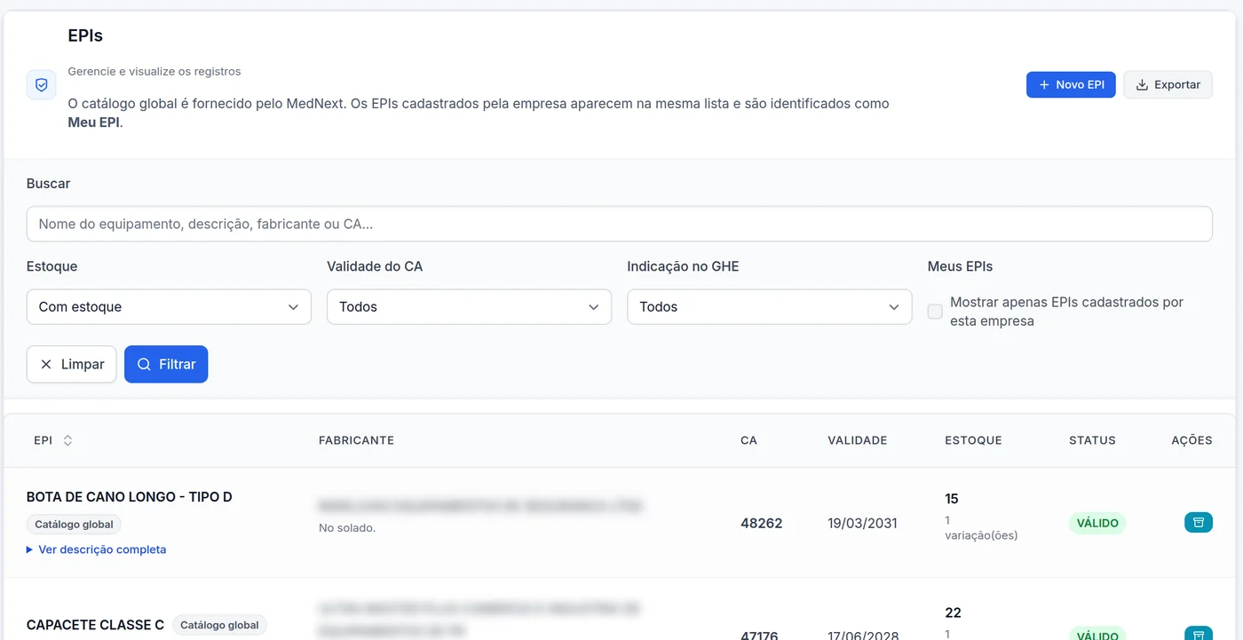 Lista de EPIs da empresa com CA, validade e estoque (dados de demonstração)