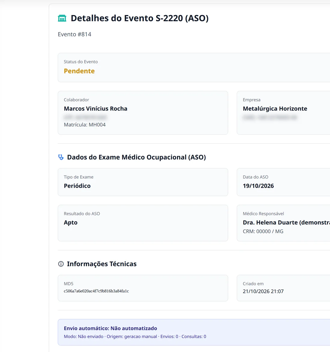 Detalhe do evento S-2220 gerado a partir do ASO (dados de demonstração)