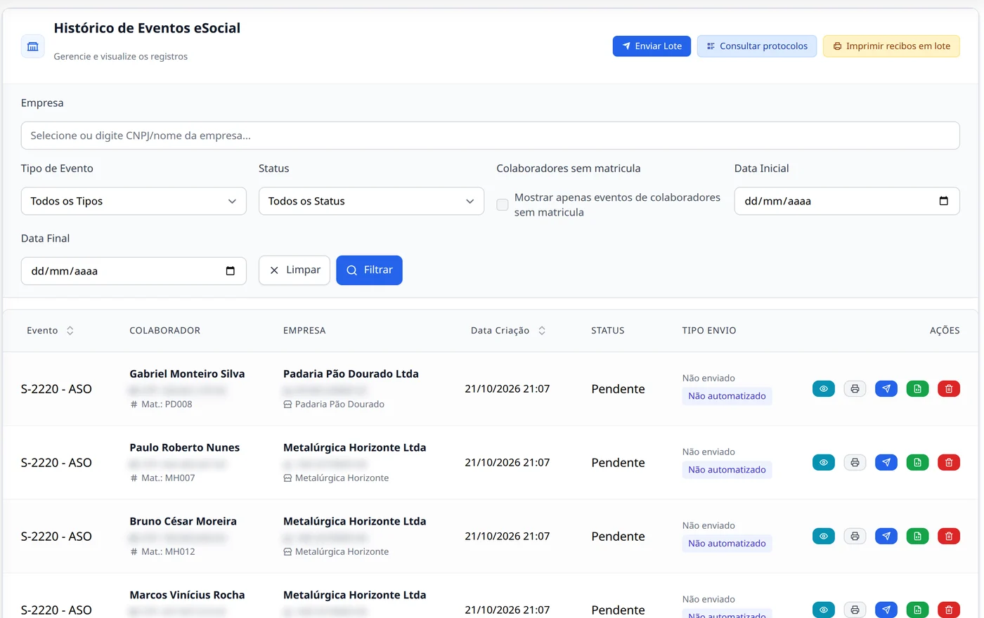 Histórico de eventos do eSocial com os S-2220 pendentes de envio (dados de demonstração)