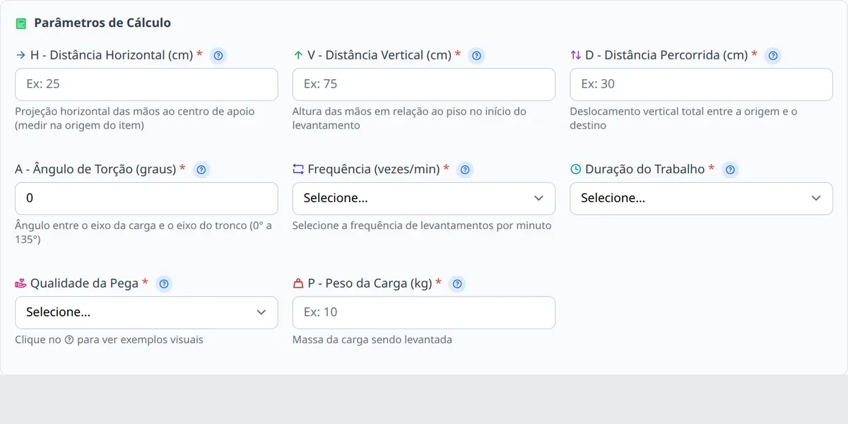 Formulário do método NIOSH no MedNext (dados de demonstração)