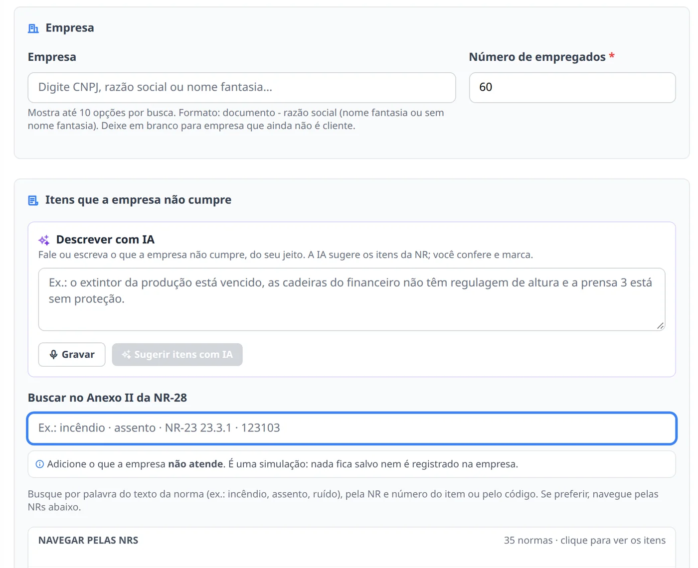 Calculadora com a descrição por IA, a busca no Anexo II e a navegação pelas NRs (dados de demonstração)