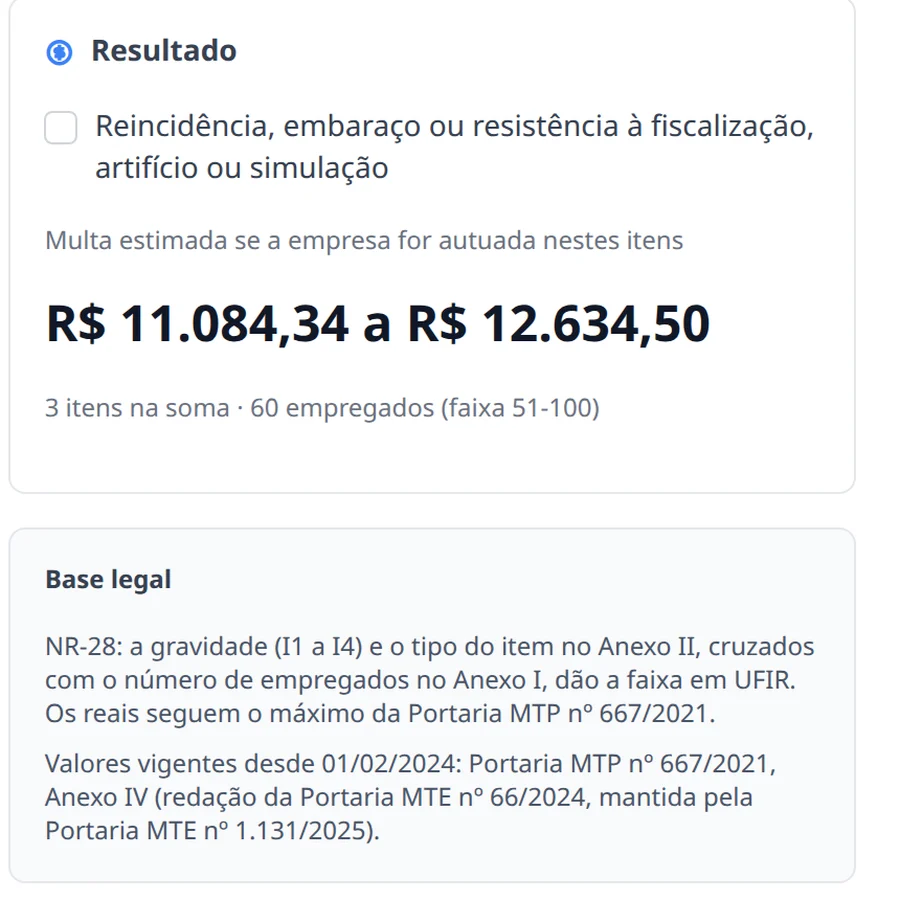 Resultado da estimativa de multas com a base legal (dados de demonstração)