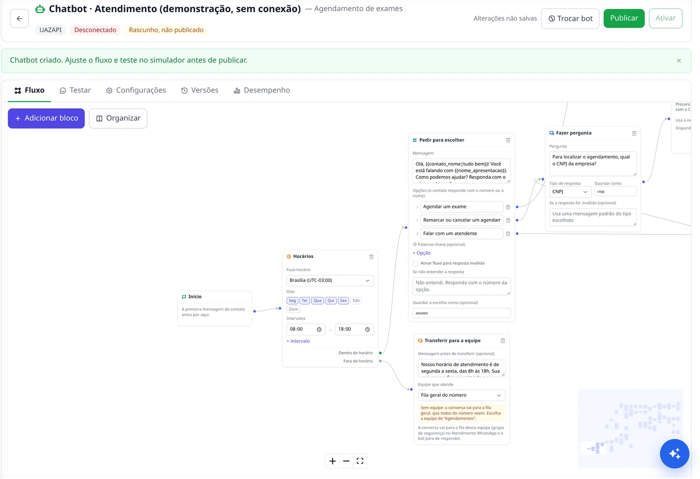 Editor visual do robô de WhatsApp com os blocos de horário, menu e pergunta do CNPJ (dados de demonstração)